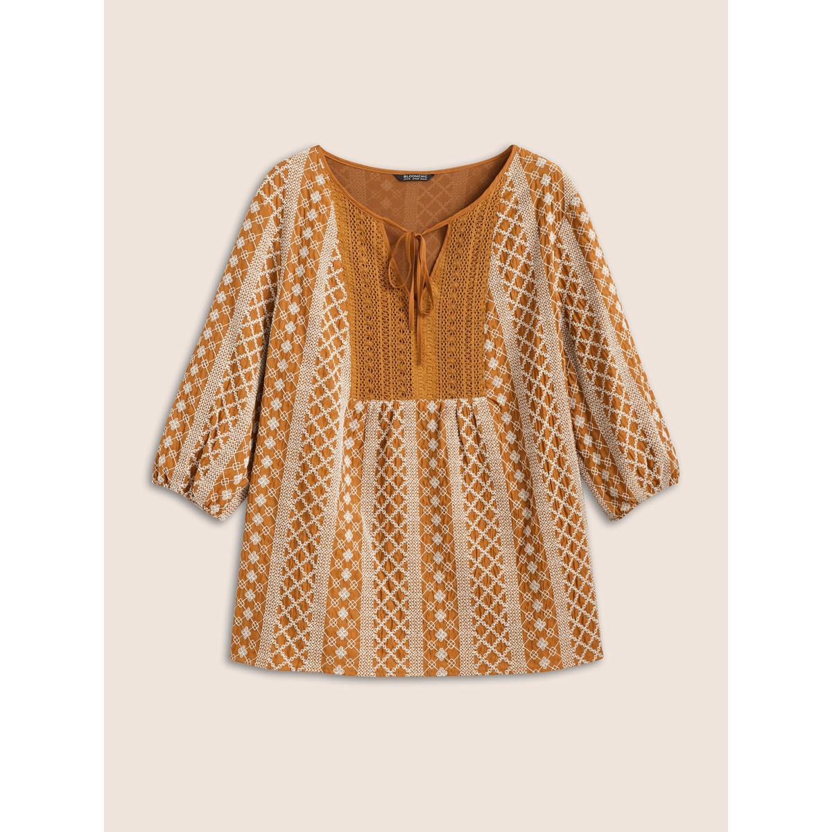 Plus Size OrangeRed Boho Print Embroidered Eyelet Lace Knot Neck Blouse Women Resort Elbow-length sleeve Flat collar with V-notch Vacation Blouses BloomChic 14-16/1X Product Image
