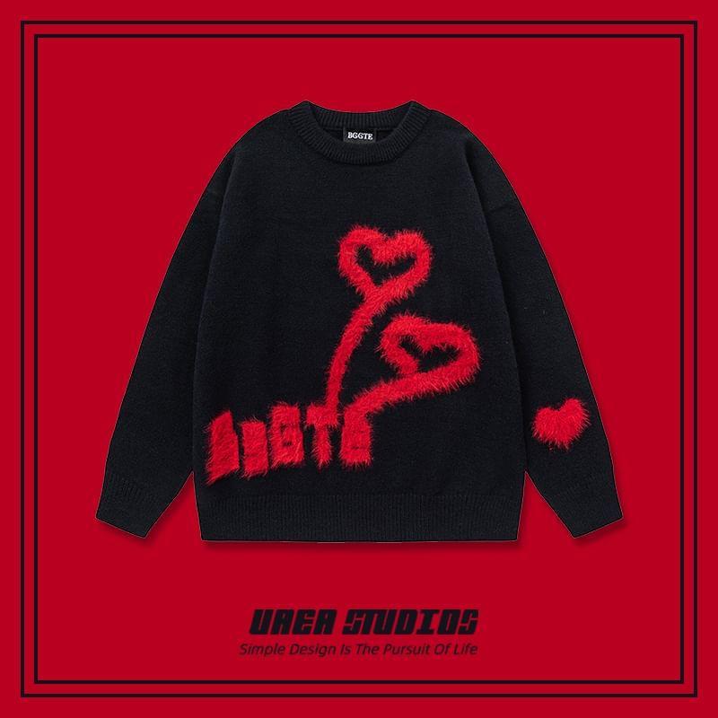 Couple Matching Crew Neck Lettering Heart Patterned Sweater Product Image