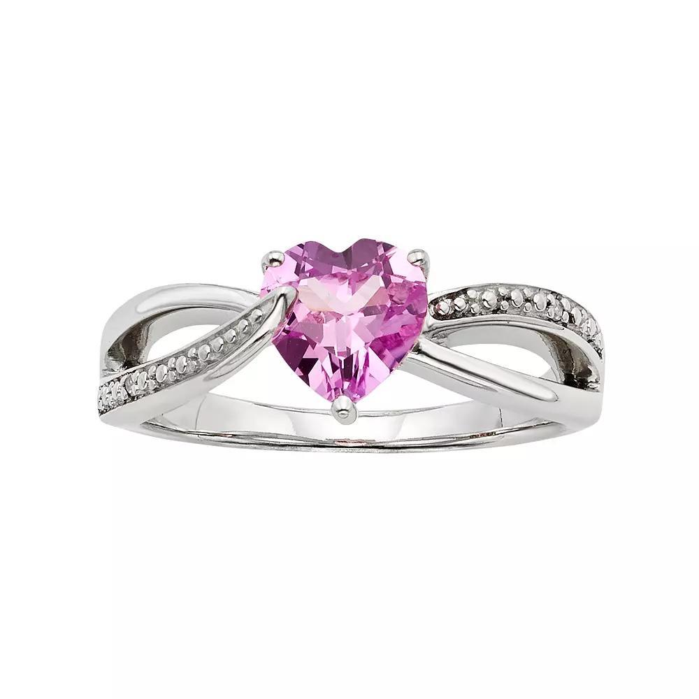 Lab-Created Pink Sapphire and Diamond Accent Sterling Silver Heart Bypass Ring, Women's, Size: 7 Product Image