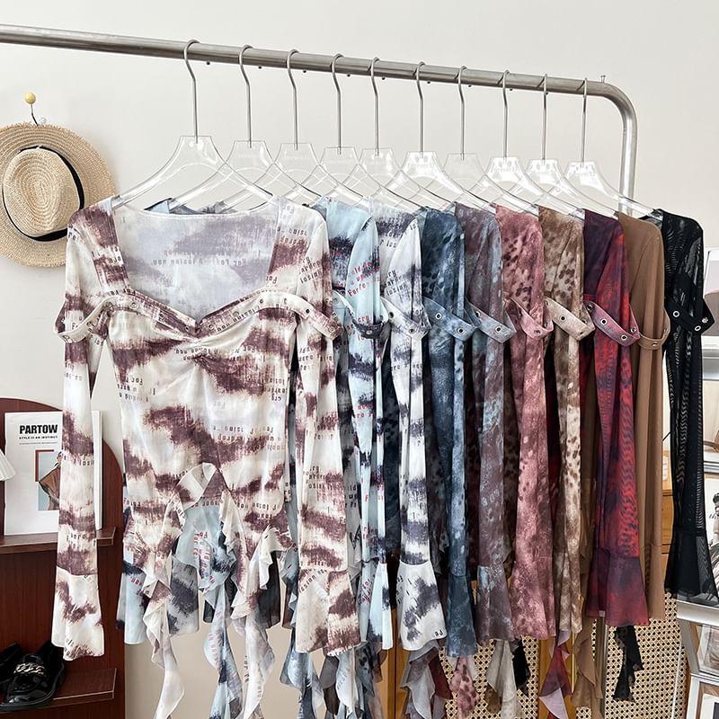 Flared-Sleeve Patterned Ruffle Asymmetrical Blouse Product Image
