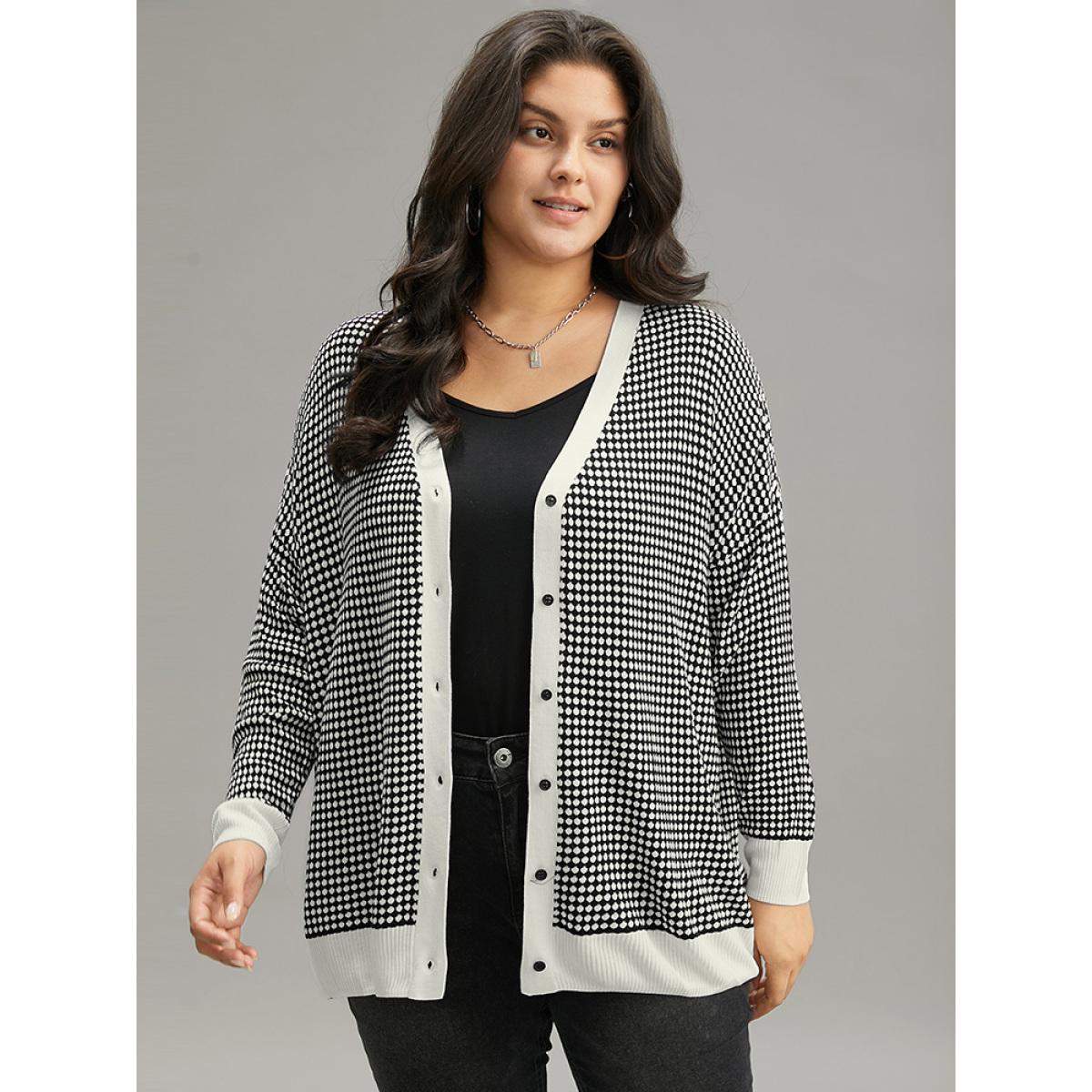 Plus Size Polka Dot Patchwork Button Through Cardigan Black Women Casual Loose Long Sleeve Dailywear Cardigans BloomChic 22-24/3X Product Image