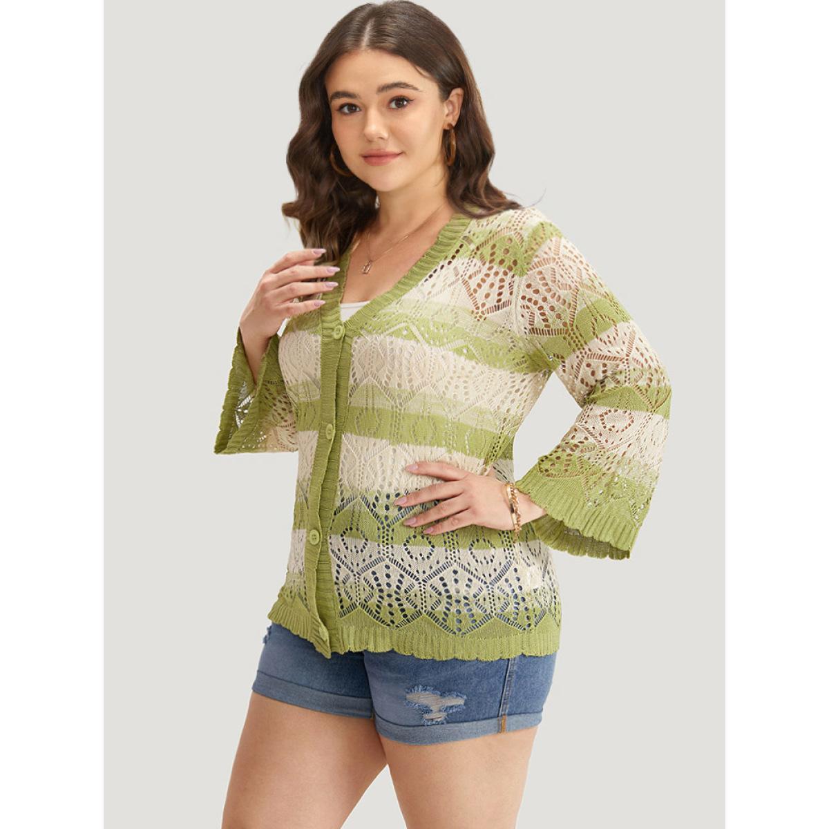 Plus Size Striped Contrast Button Front Cardigan LightGreen Women Casual Loose Long Sleeve Everyday Cardigans BloomChic 22-24/3X Product Image