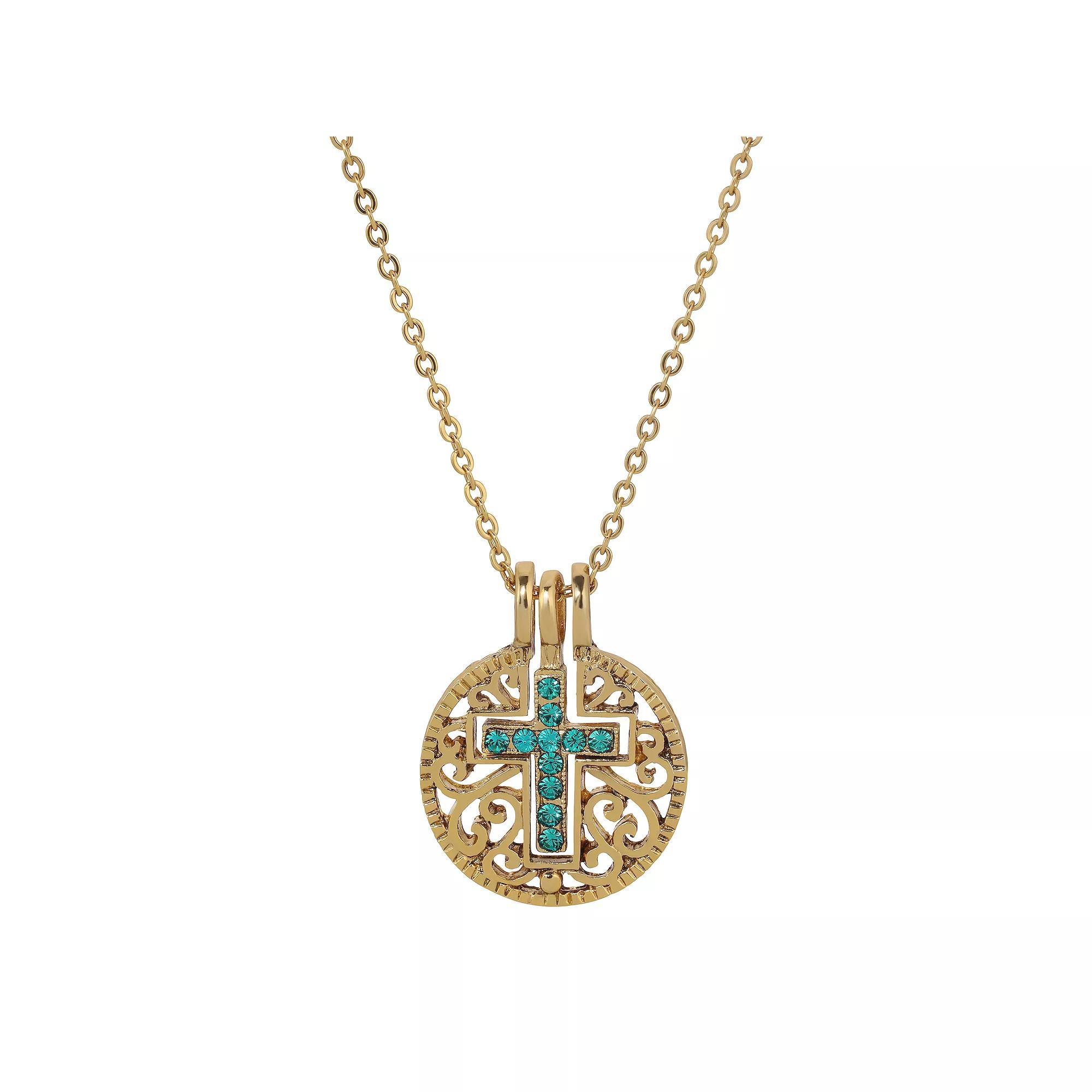 1928 Gold Tone Birthstone Crystal Cross Pendant Necklace, Womens, March Product Image