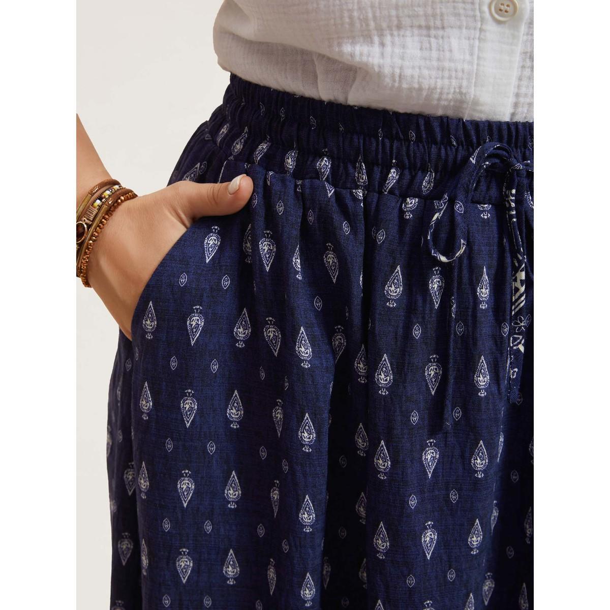 Plus Size Boho Print Pleated Drawstring Midi Skirt Women Indigo Resort Drawstring No stretch Slanted pocket Vacation Skirts BloomChic 30/6X Product Image