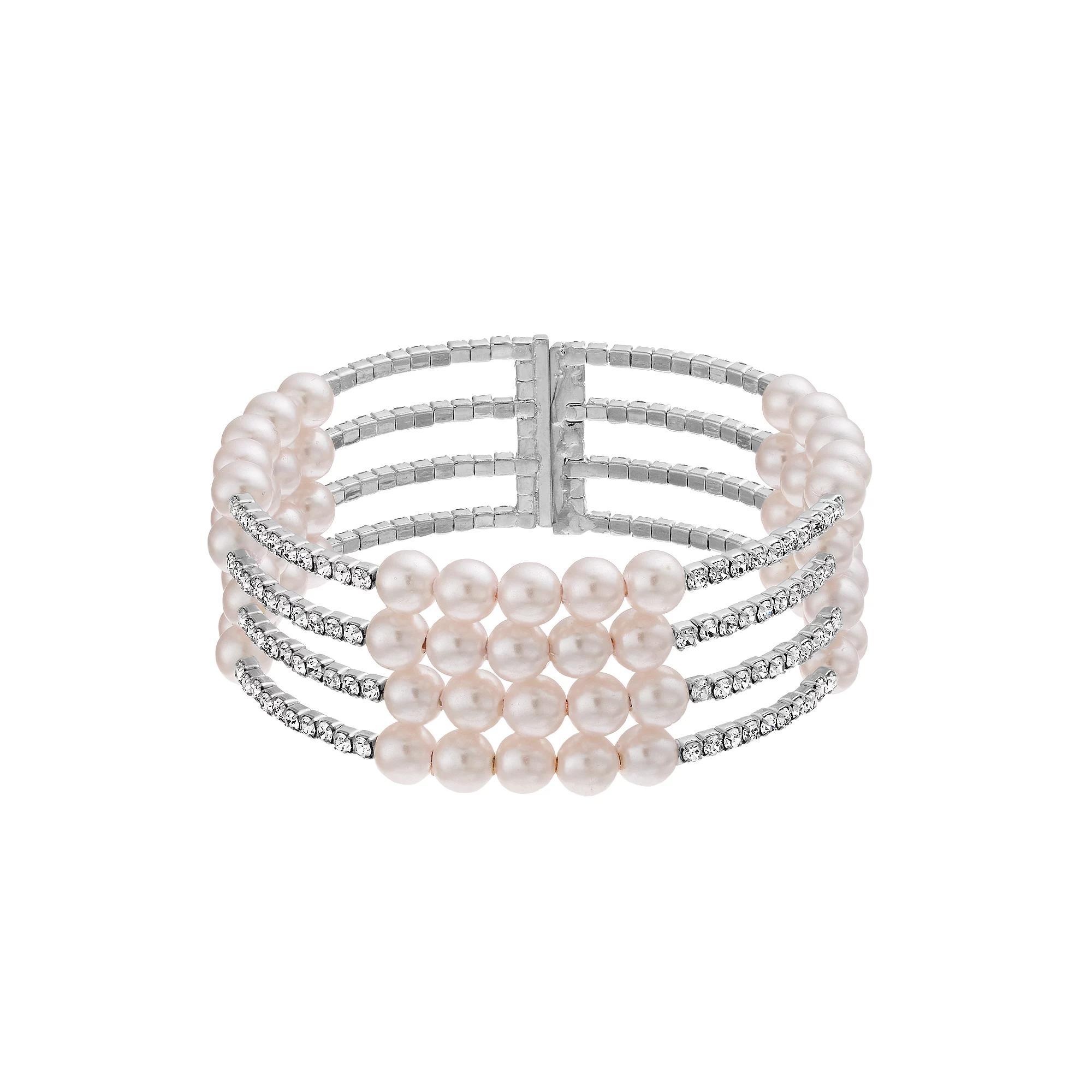Vieste Four Row Crystal & Pearl Nickel Free Cuff Bracelet, Women's, Silver Tone Product Image