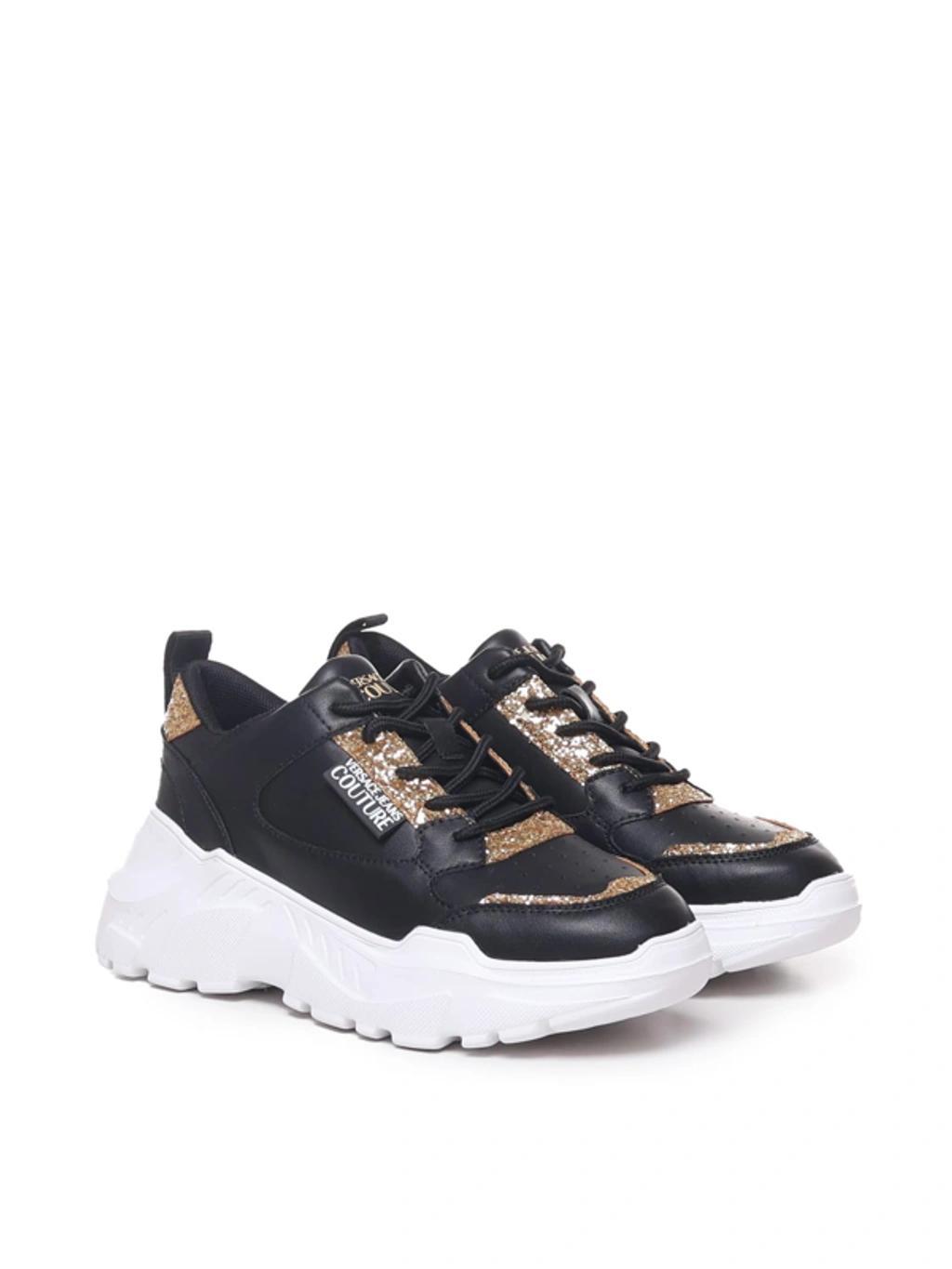 VERSACE JEANS COUTURE Logo-patch Glitter-detailing Sneakers In Black, Gold, White Product Image