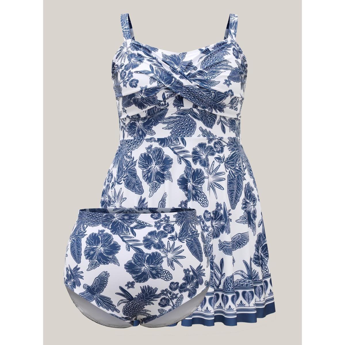 Plus Size Tropical Print Twist Front Swim Dress Women's Swimwear DarkBlue Beach Bodycon Heart neckline High stretch Curve Swim Dresses BloomChic 28/5X Product Image