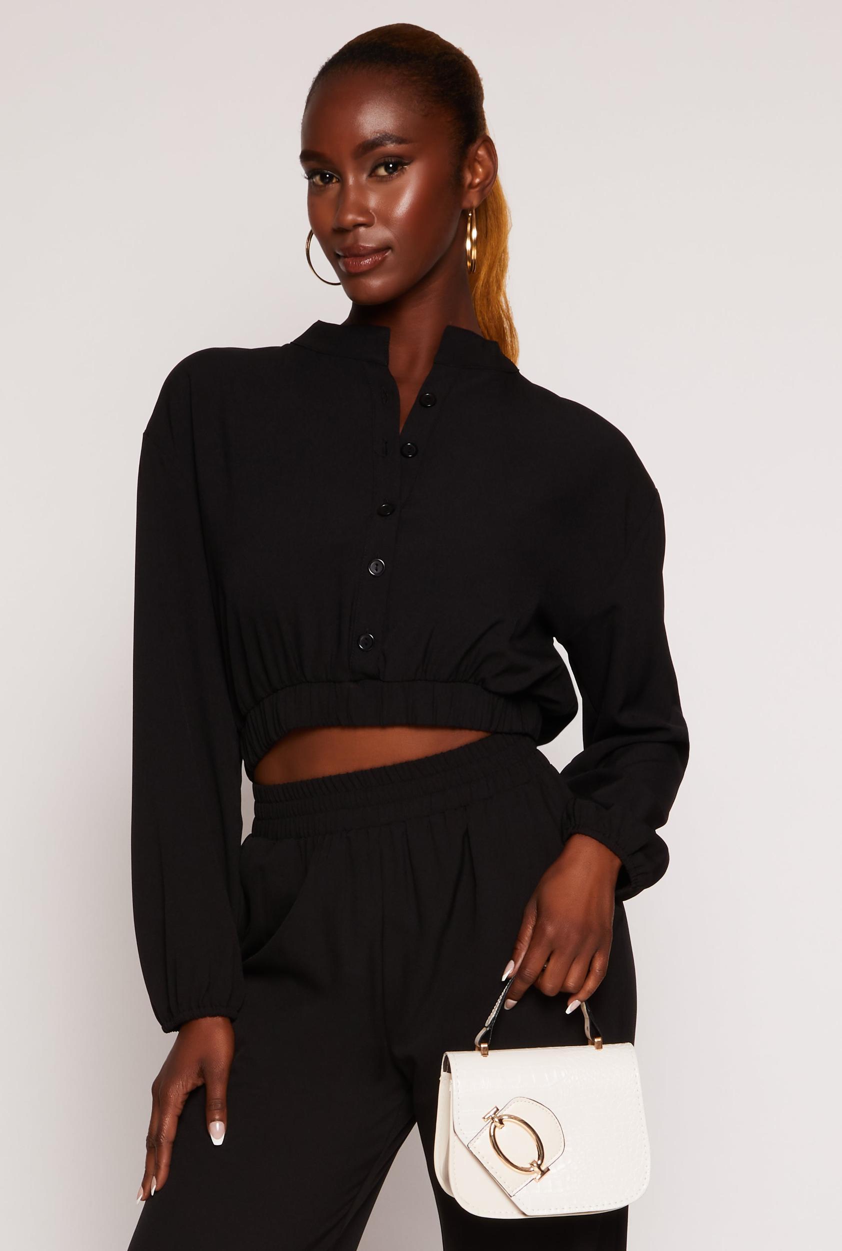 Womens Crepe Knit Button Front Cropped Blouse Product Image