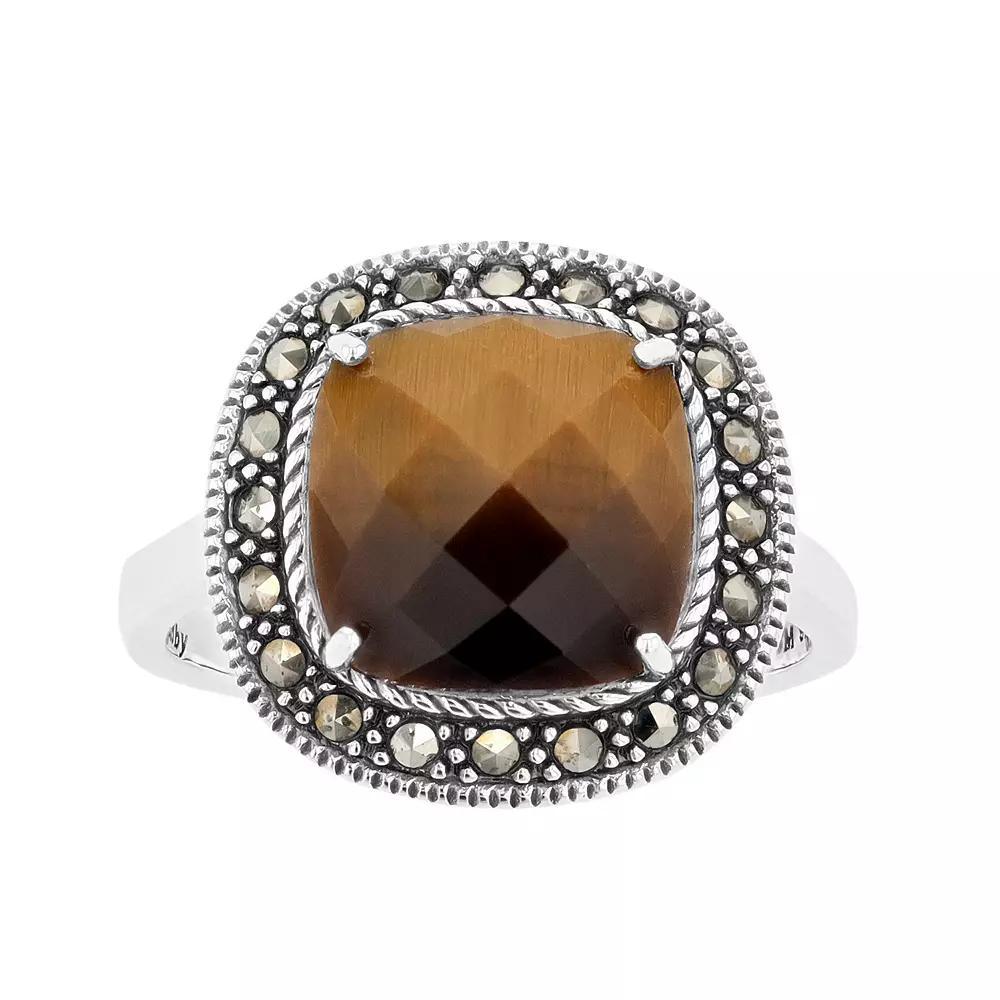 Lavish by TJM Sterling Silver Cushion Tiger's Eye & Marcasite Ring, Women's, Size: 6 Product Image