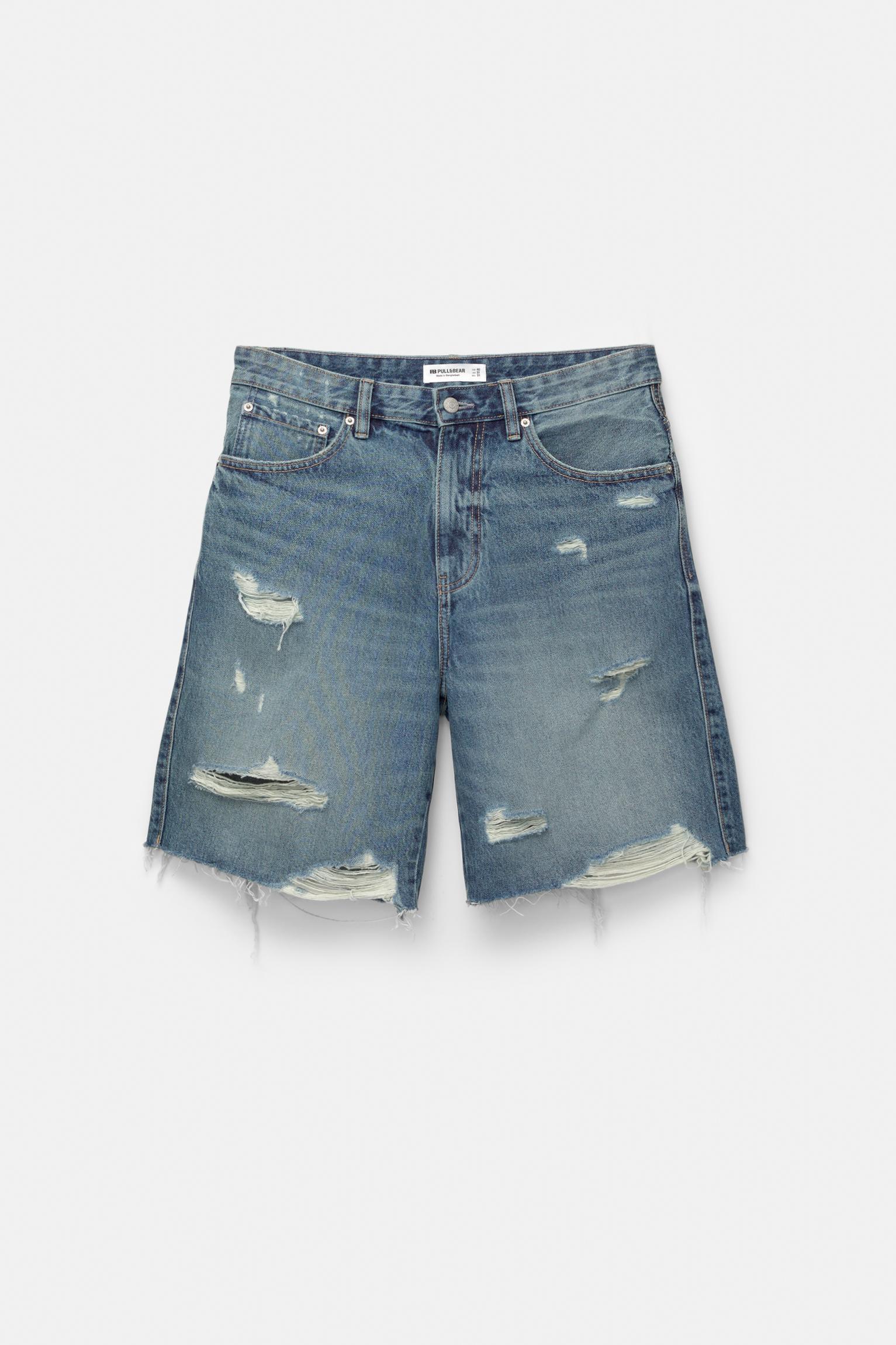Ripped straight fit denim Bermuda shorts Product Image