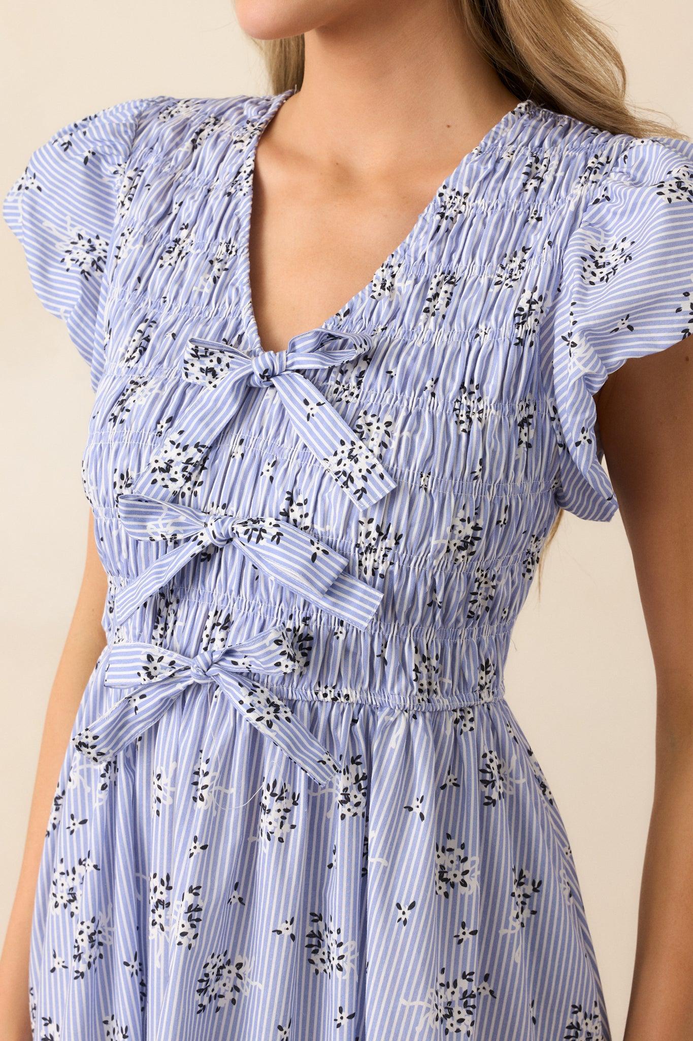 On A Good Note Blue Stripe Floral Cotton Midi Dress Product Image