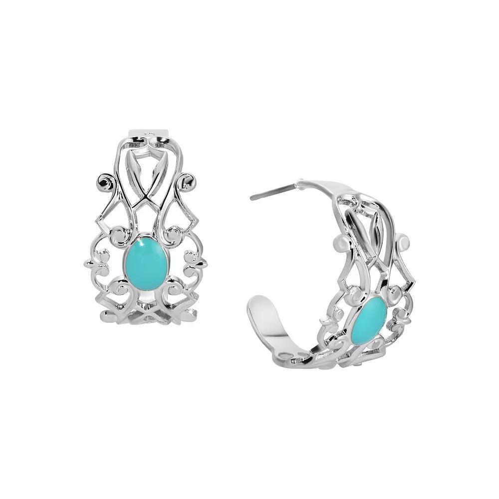 1928 Silver Tone Filigree with Enamel Oval Hoop Earrings, Womens, Turquoise Product Image