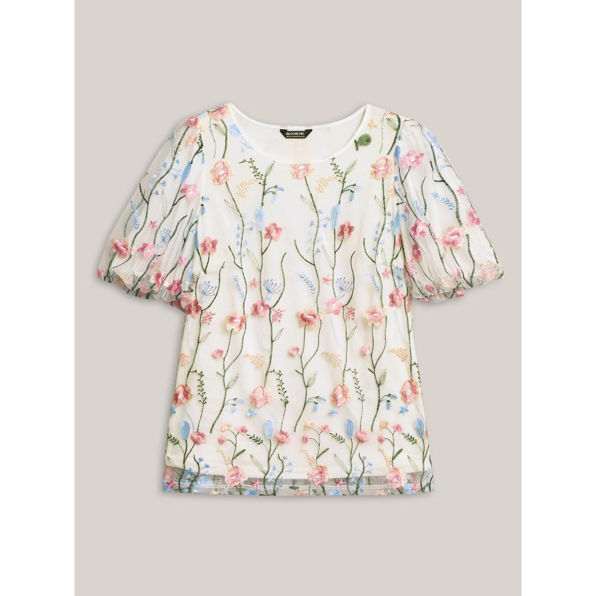 Plus Size Originalwhite Floral Embroidered Mesh Bubble Sleeve Blouse Women Short sleeve Round Neck Vacation Blouses BloomChic 22-24/3X Product Image