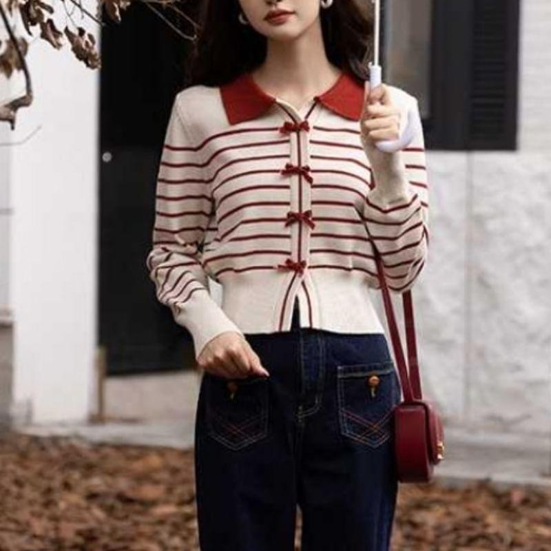 Collar Striped Bow Cardigan Product Image