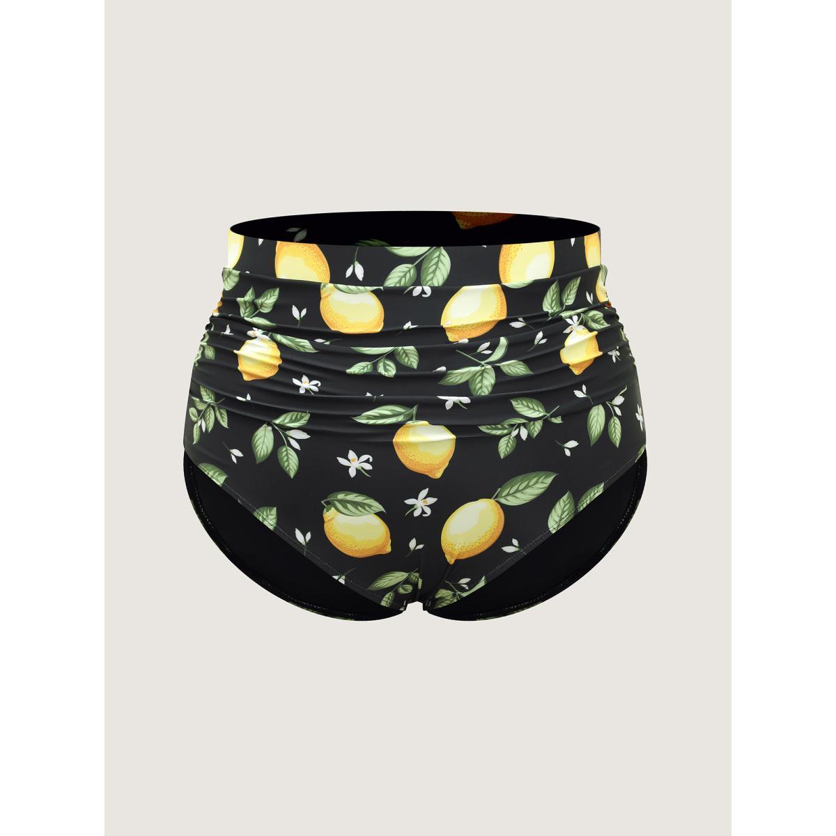 Plus Size Lemon Print Pleated Tight-Fit Swim Bottoms Women's Swimwear Black Beach Gathered High stretch Skinny High Rise Curve Swim Bottoms BloomChic 14-16/1X Product Image