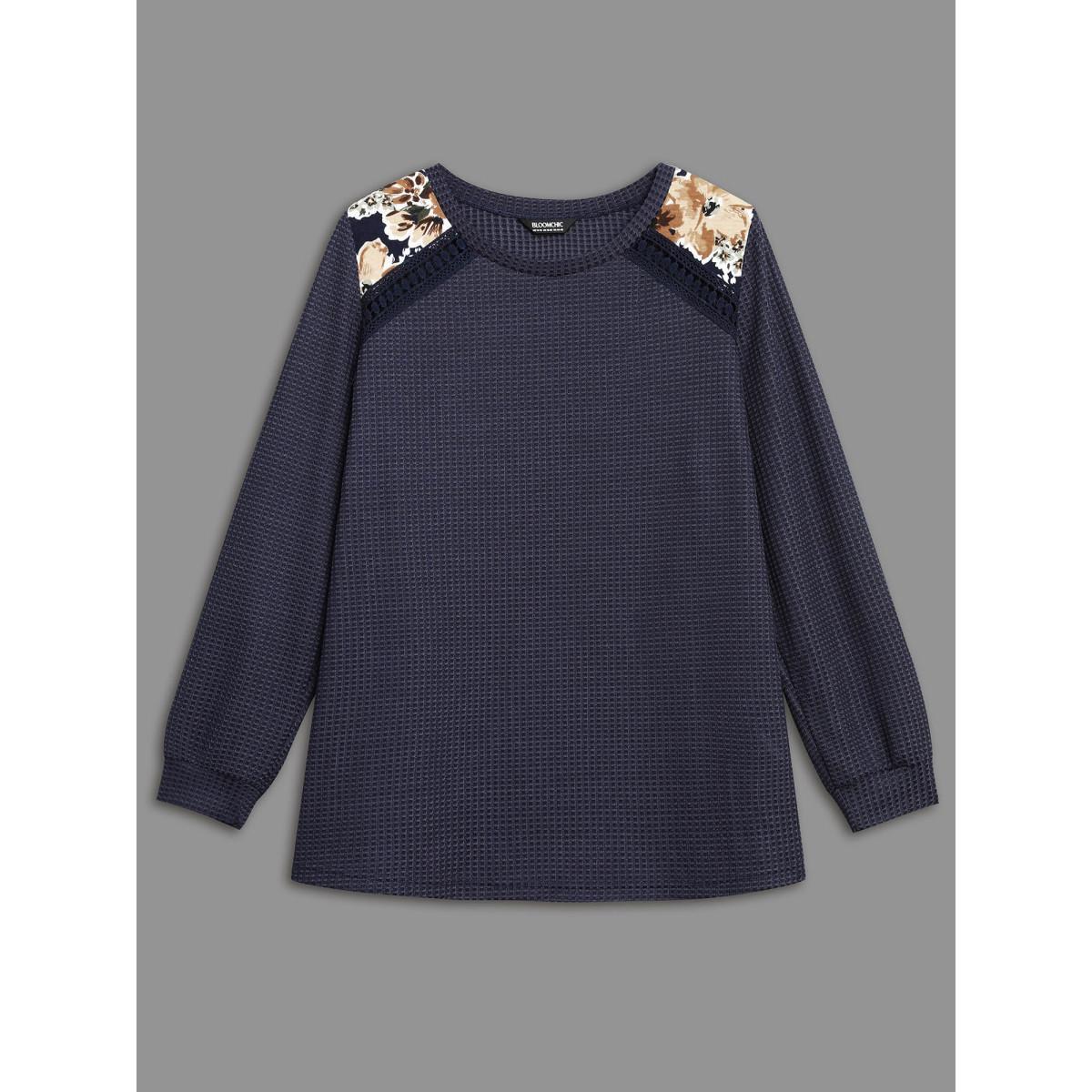 Plus Size Natural Flowers Patchwork Woven Ribbon T-shirt Indigo Women Casual Woven ribbon&lace trim Round Neck Everyday T-shirts BloomChic 14-16/1X Product Image