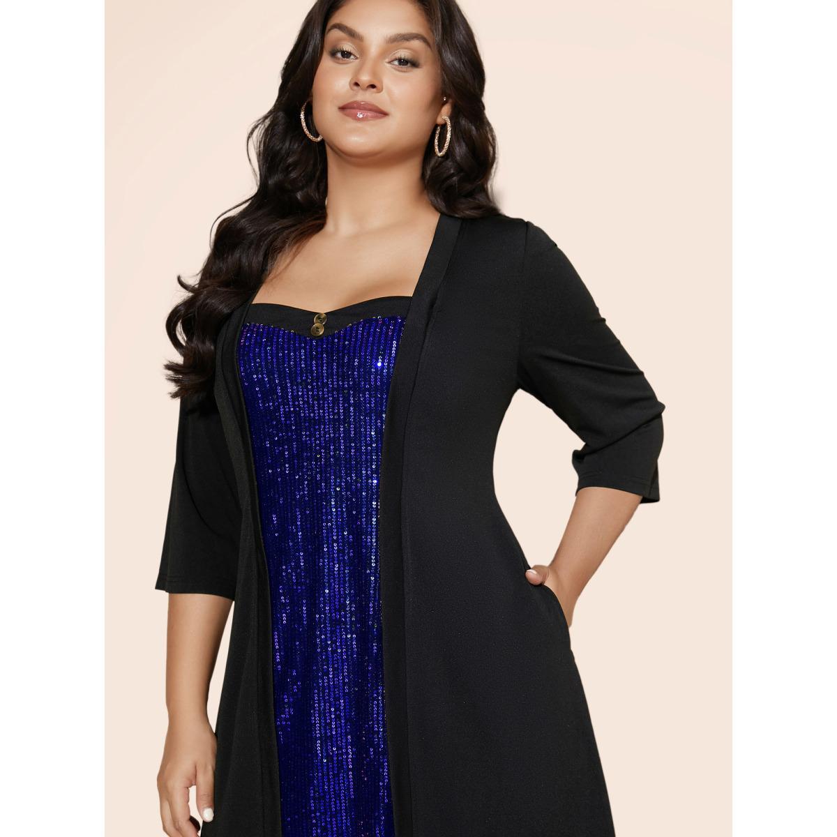 Plus Size Heart Neckline Patchwork Sequin Button Detail Dress DarkBlue Women Cocktail Texture Party Curvy Bloomchic 14-16/1X Product Image