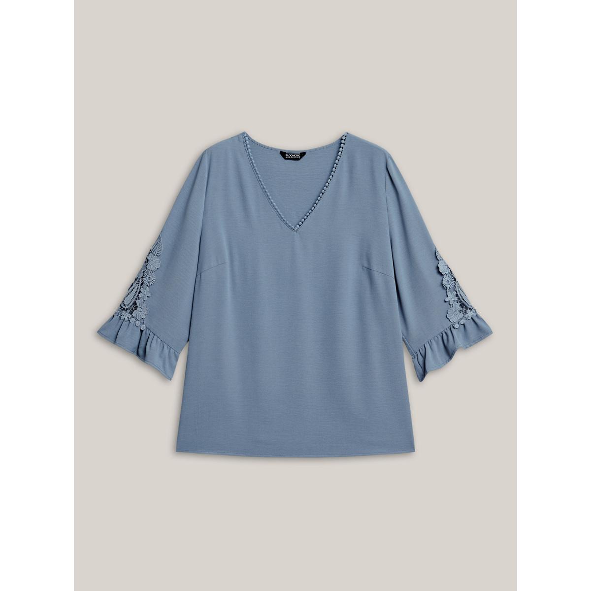 Plus Size Stone Lace Patchwork Ruffled V-Neck Blouse Women Elegant Elbow-length sleeve V-neck Everyday Blouses BloomChic 10/M Product Image