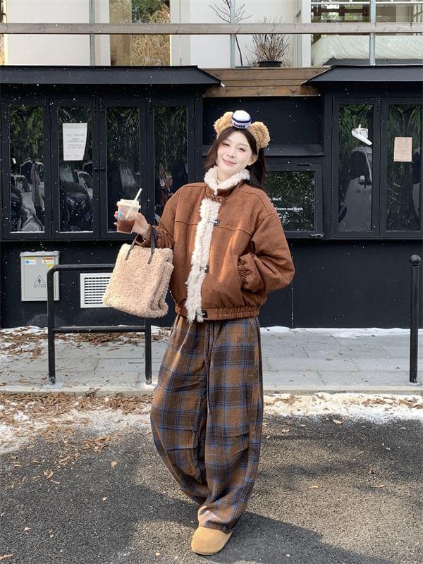 Stand Collar Fleece-Lined Button Aviator Jacket / Drawstring Waist Plaid Wide Leg Pants Product Image