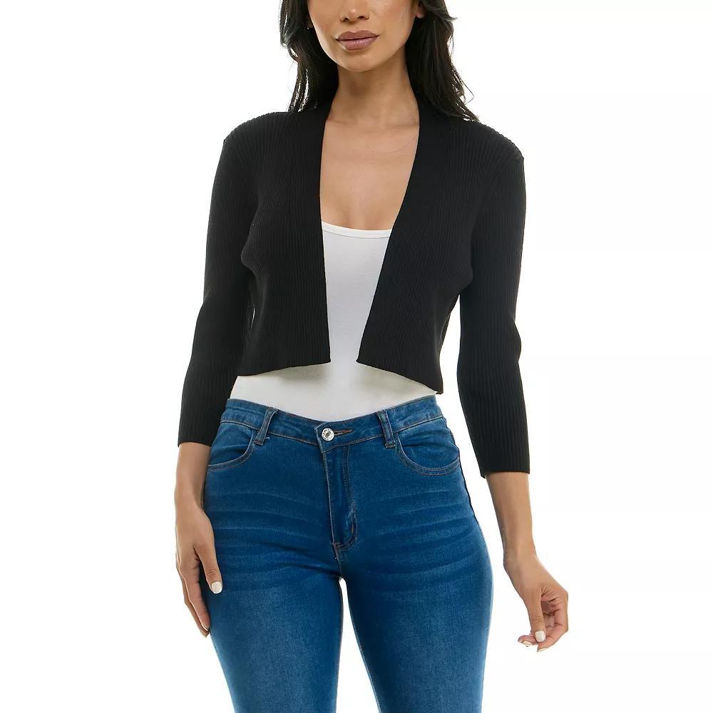 Women's Nina Leonard Three-Quarter Sleeve Ribbed Edge Bolero, Size: Large, Black Product Image