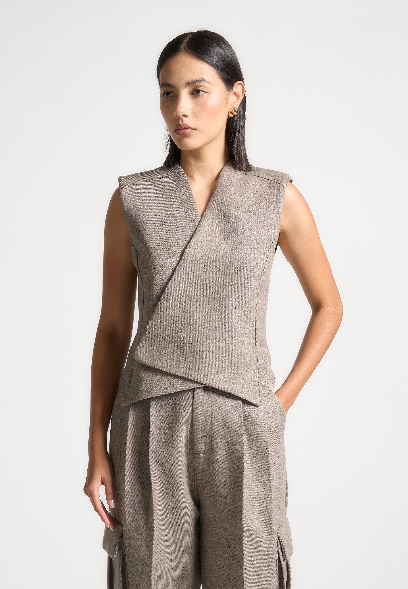 Textured Tailored Wrap Waistcoat - Taupe Female Product Image