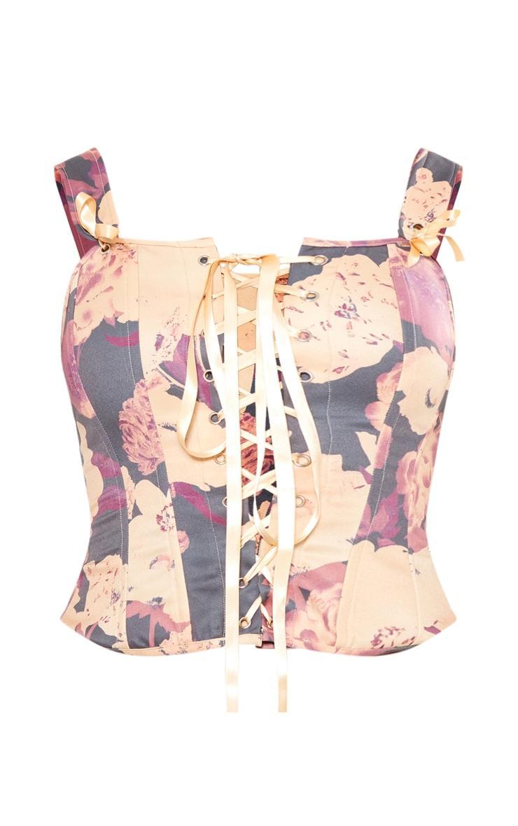 Stone Floral Print Woven Structured Lace Up Corset Crop Top Product Image