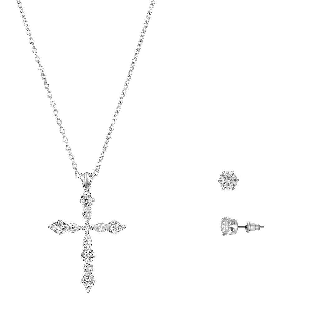 Primavera Silver Plated Cubic Zirconia Fancy Cross Pendant & Earring Set, Womens Silver Tone Product Image