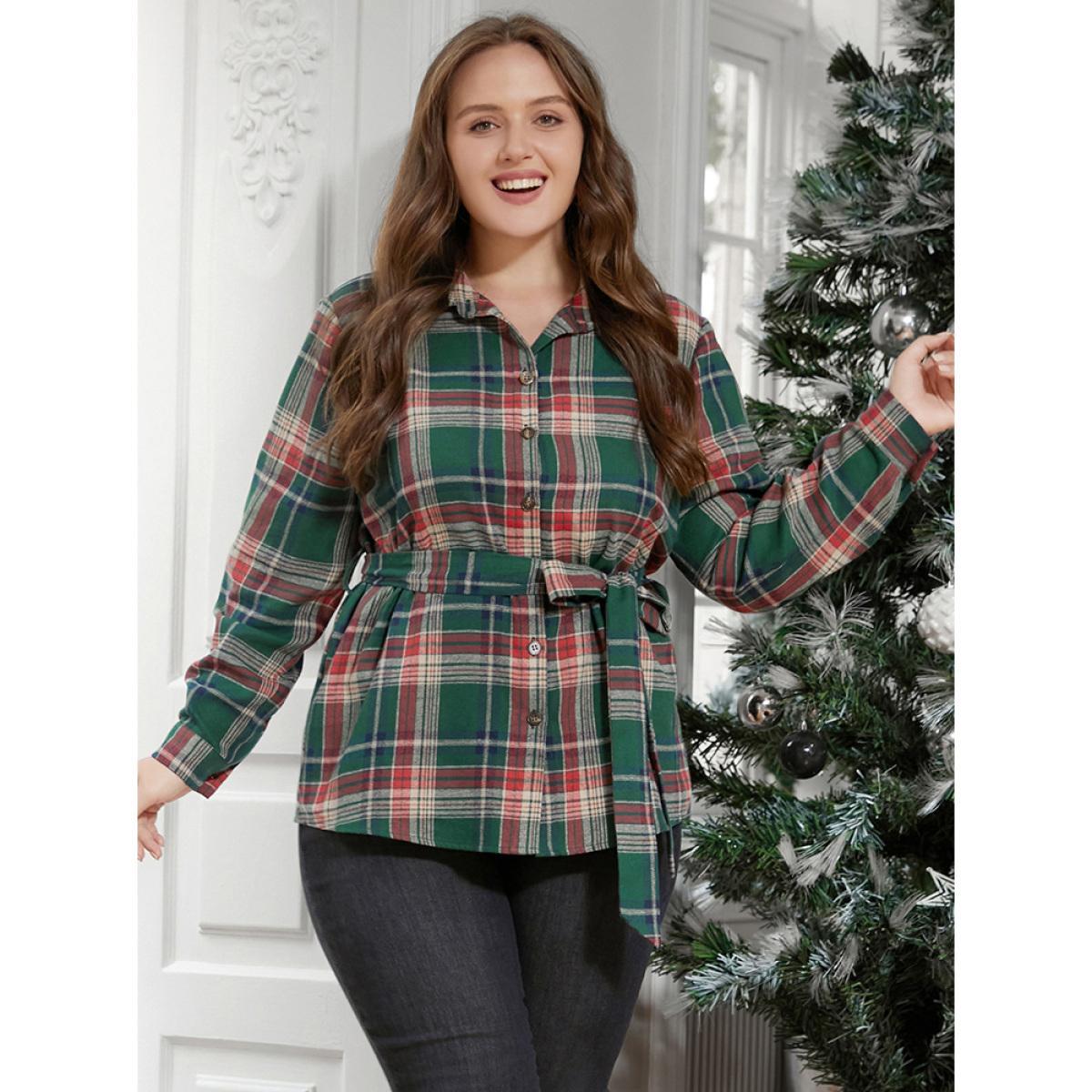 Plus Size DarkGreen Plaid Button Up Belted Blouse Women Casual Long Sleeve Shirt collar Festival-Christmas Blouses BloomChic 30/6X Product Image
