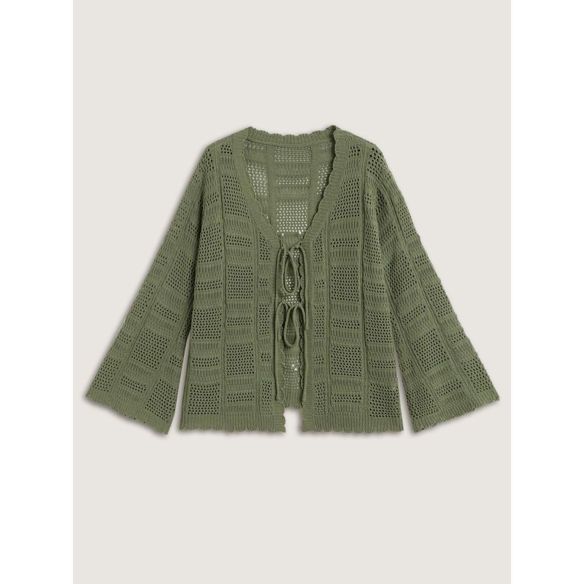 Plus Size Crochet Textured Front-Tie Knit Cardigan Sage Women Loose Long Sleeve Everyday-Casual Cardigans BloomChic 30/6X Product Image