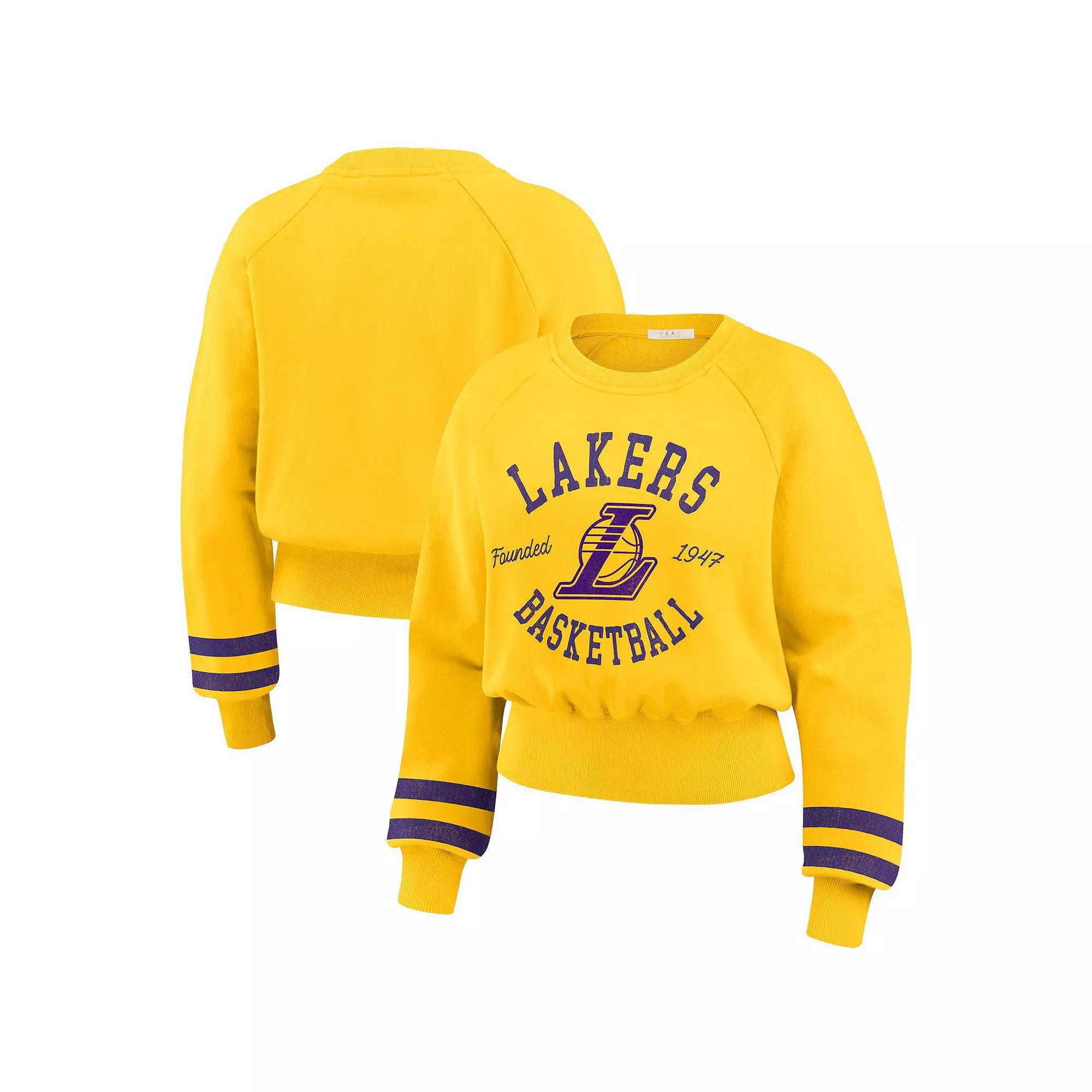 Womens WEAR by Erin Andrews Los Angeles Lakers Vintage Raglan Cropped Pullover Sweatshirt Product Image
