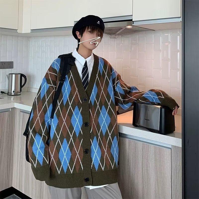 V-Neck Argyle Oversized Cardigan Product Image