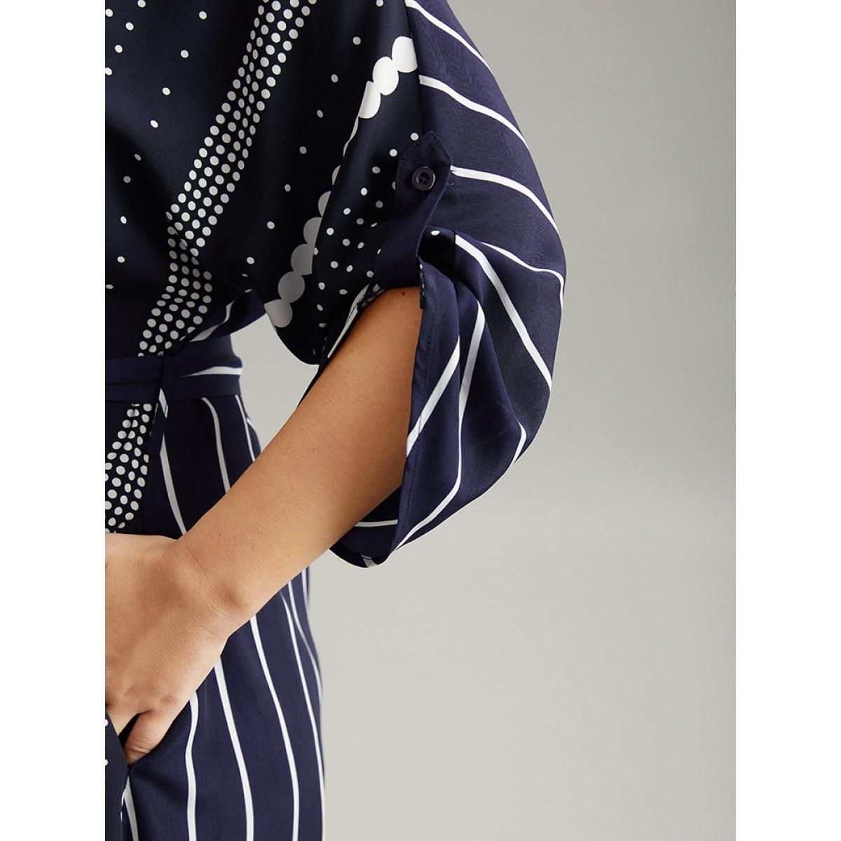 Plus Size Striped Patchwork Polka Dot Belted Notched Dress DarkBlue Women Office Belted Notched collar Elbow-length sleeve Curvy Midi Dress BloomChic 18-20/2X Product Image