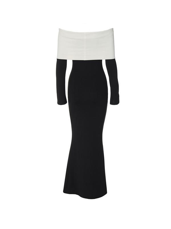 Contrast Color Trim Off Shoulder Long Sleeve Maxi Dress Product Image