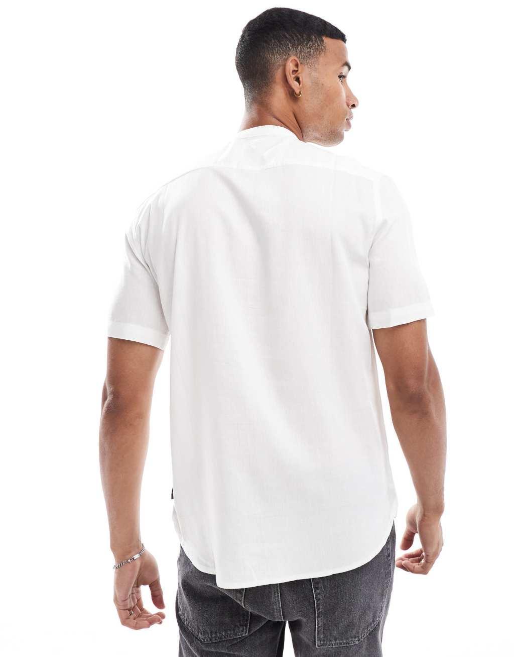 French Connection short sleeve grandad collar linen shirt in white Product Image
