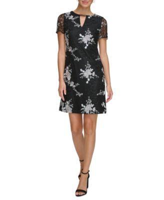 kensie Womens Short-Sleeve Embroidered-Lace Sheath Dress Product Image