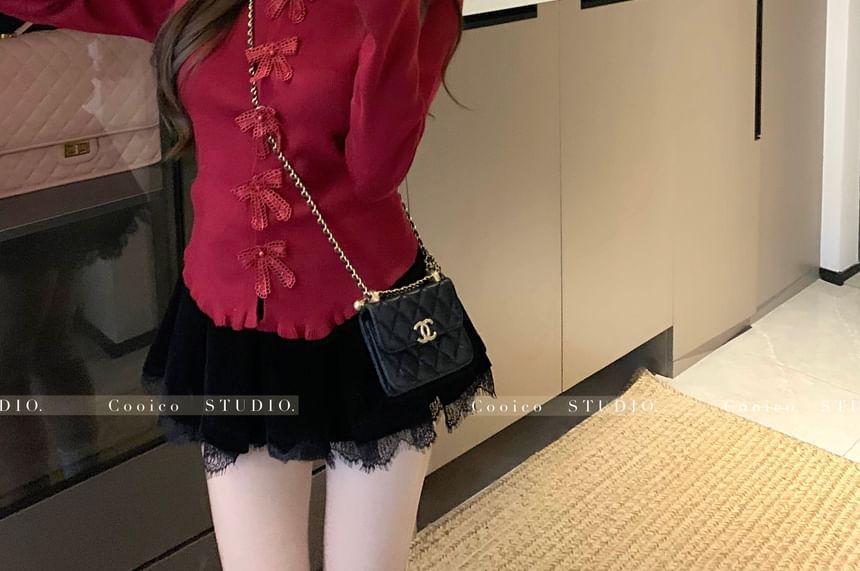 Long Sleeve Scoop Neck Ruffle Trim Bowknot Crop Knit Top Product Image