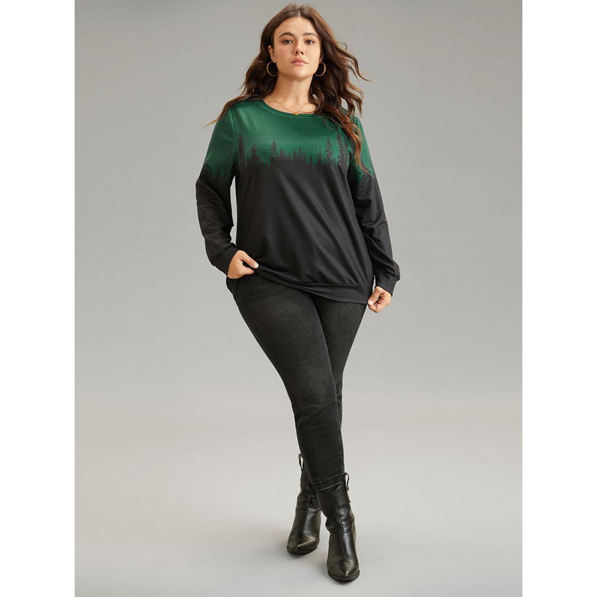 Plus Size Ombre Forest Contrast Crew Neck Sweatshirt Women DarkGreen Casual Printed Round Neck Dailywear Sweatshirts BloomChic 14-16/1X Product Image