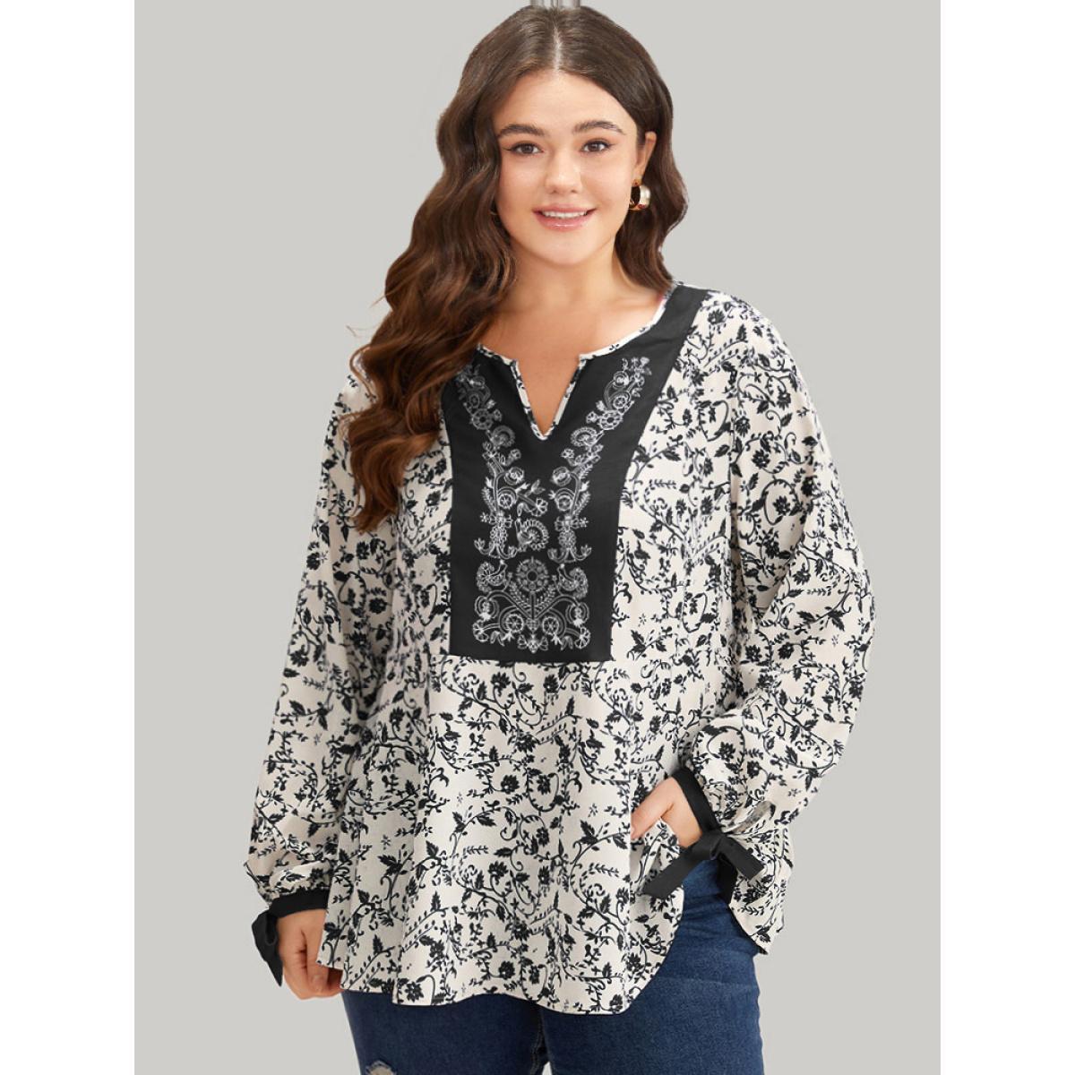 Plus Size Black Boho Print Notched Knot Lantern Sleeve Blouse Women Vacation Long Sleeve Notched collar Dailywear Blouses BloomChic 26/4X Product Image