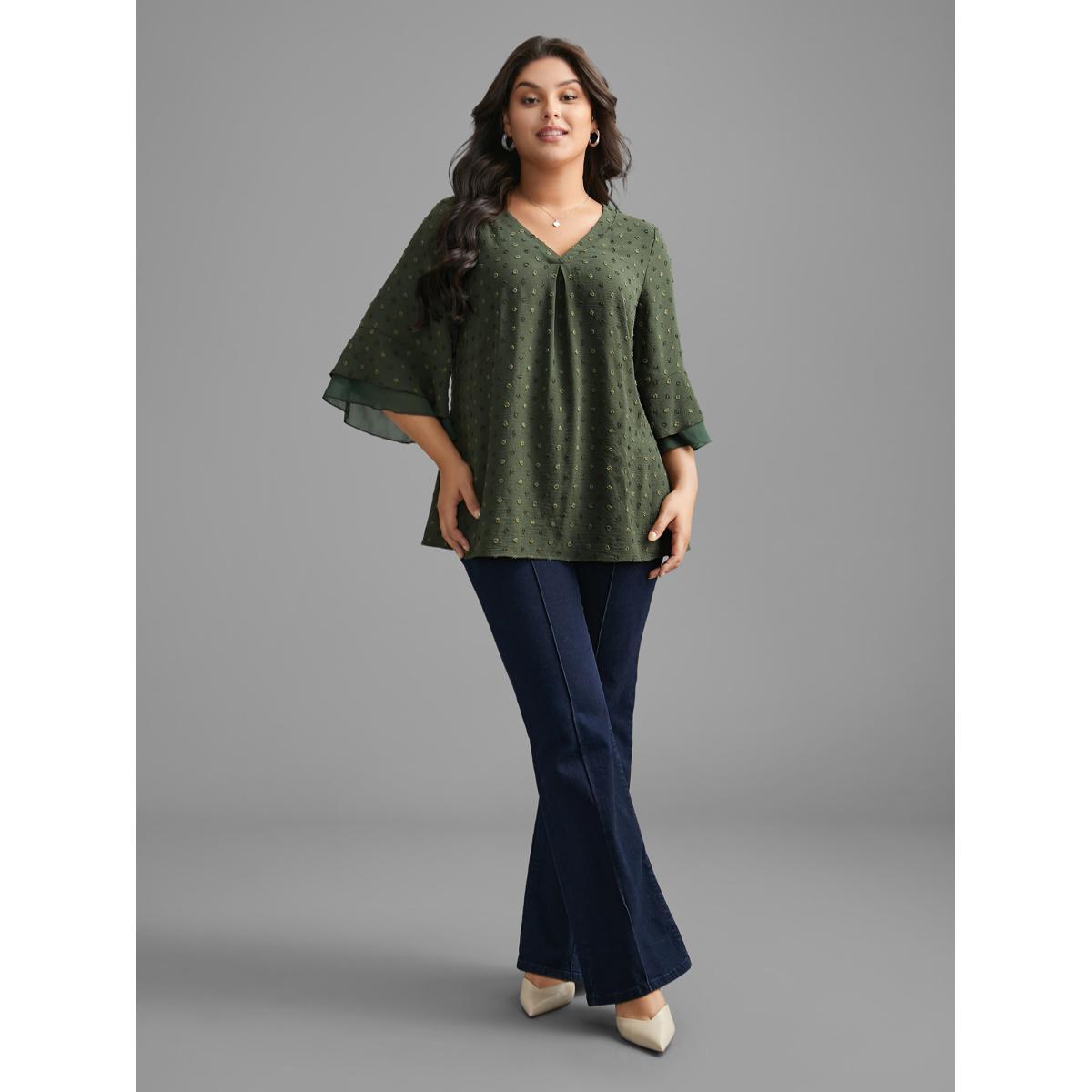Plus Size ArmyGreen Textured Pleated Tiered Ruffle Sleeve Blouse Women Elegant Elbow-length sleeve V-neck Everyday Blouses BloomChic 22-24/3X Product Image