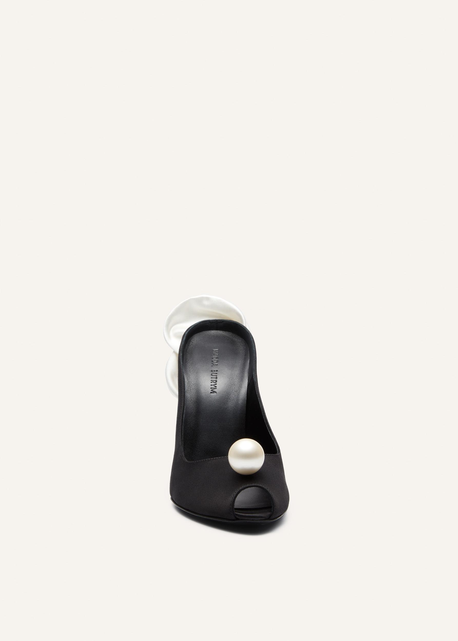Peep toe mules in black satin Product Image