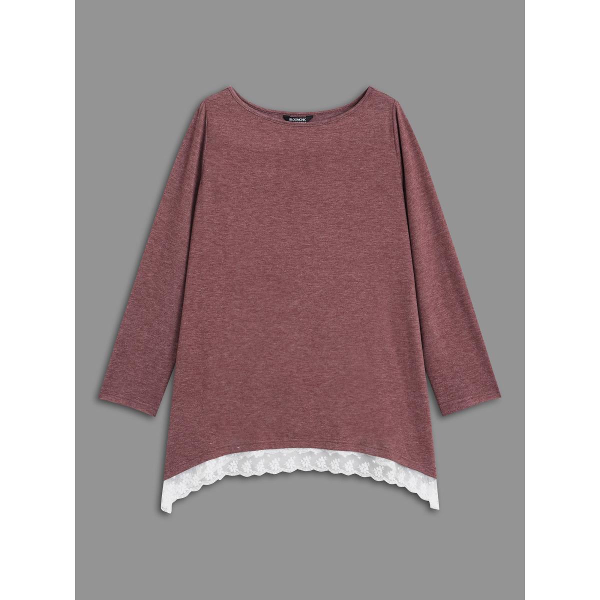 Plus Size Boat Neck Contrast Lace Panel T-shirt Deepred Women Casual Contrast Boat Neck Loose Everyday T-shirts BloomChic 30/6X Product Image