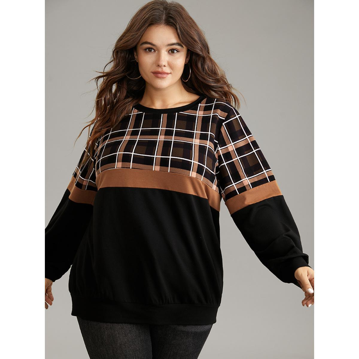 Plus Size Colorblock Plaid Contrast Crew Neck Sweatshirt Women Black Casual Contrast Round Neck Dailywear Sweatshirts BloomChic 22-24/3X Product Image