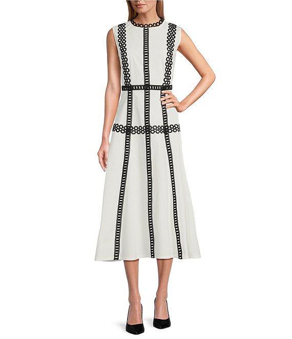 MISOOK Woven Eyelet Lace Contrast Trim Round Neck Sleeveless Fit And Flare Maxi Dress Product Image