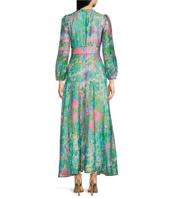 Abbey Glass Brooke Watercolor Floral Long Sheer Sleeve V-Neck Maxi Dress Product Image