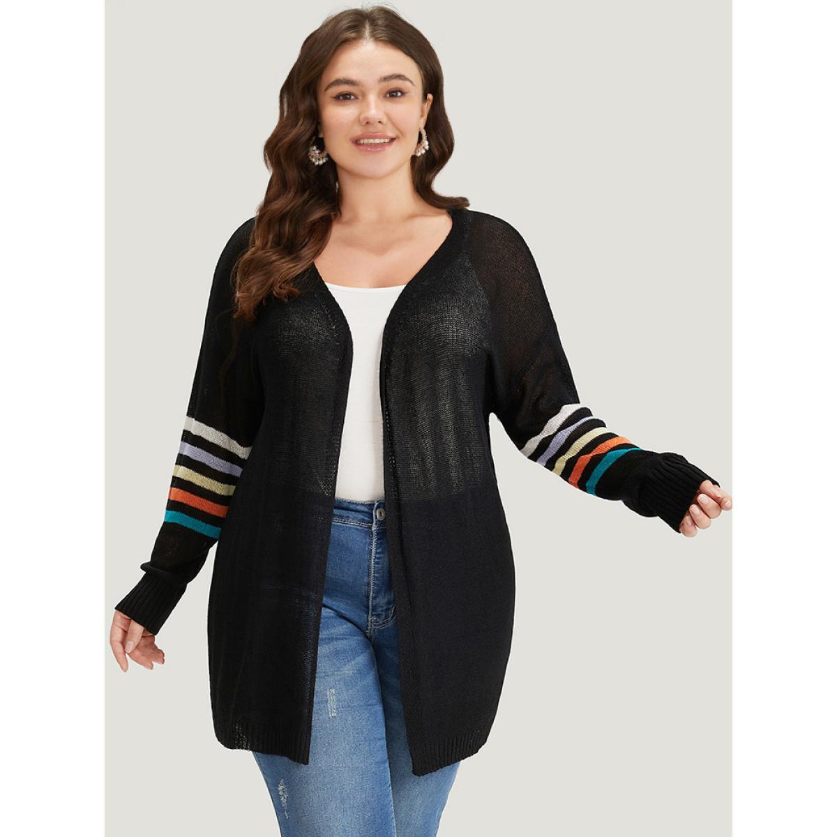 Plus Size Rainbow Striped Open Front Drop Shoulder Cardigan Black Women Casual Loose Long Sleeve Dailywear Cardigans BloomChic 10/M Product Image