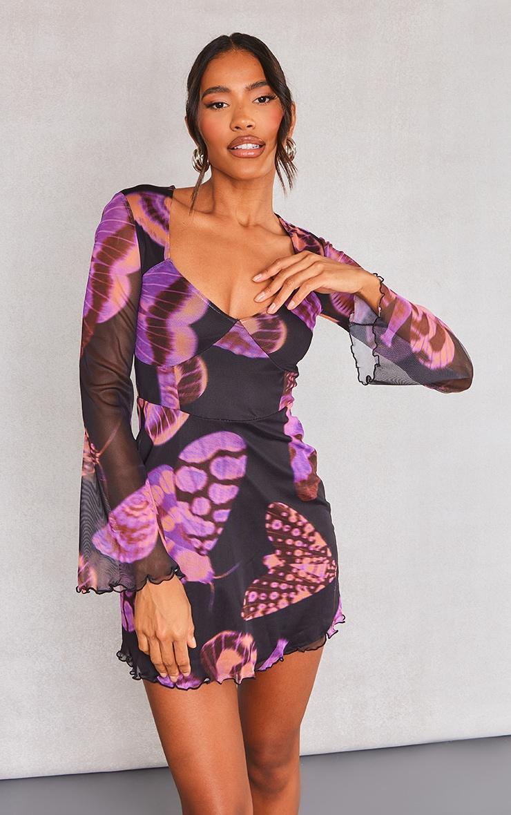 Purple Abstract Print Mesh Underbust Detail Shift Dress Product Image