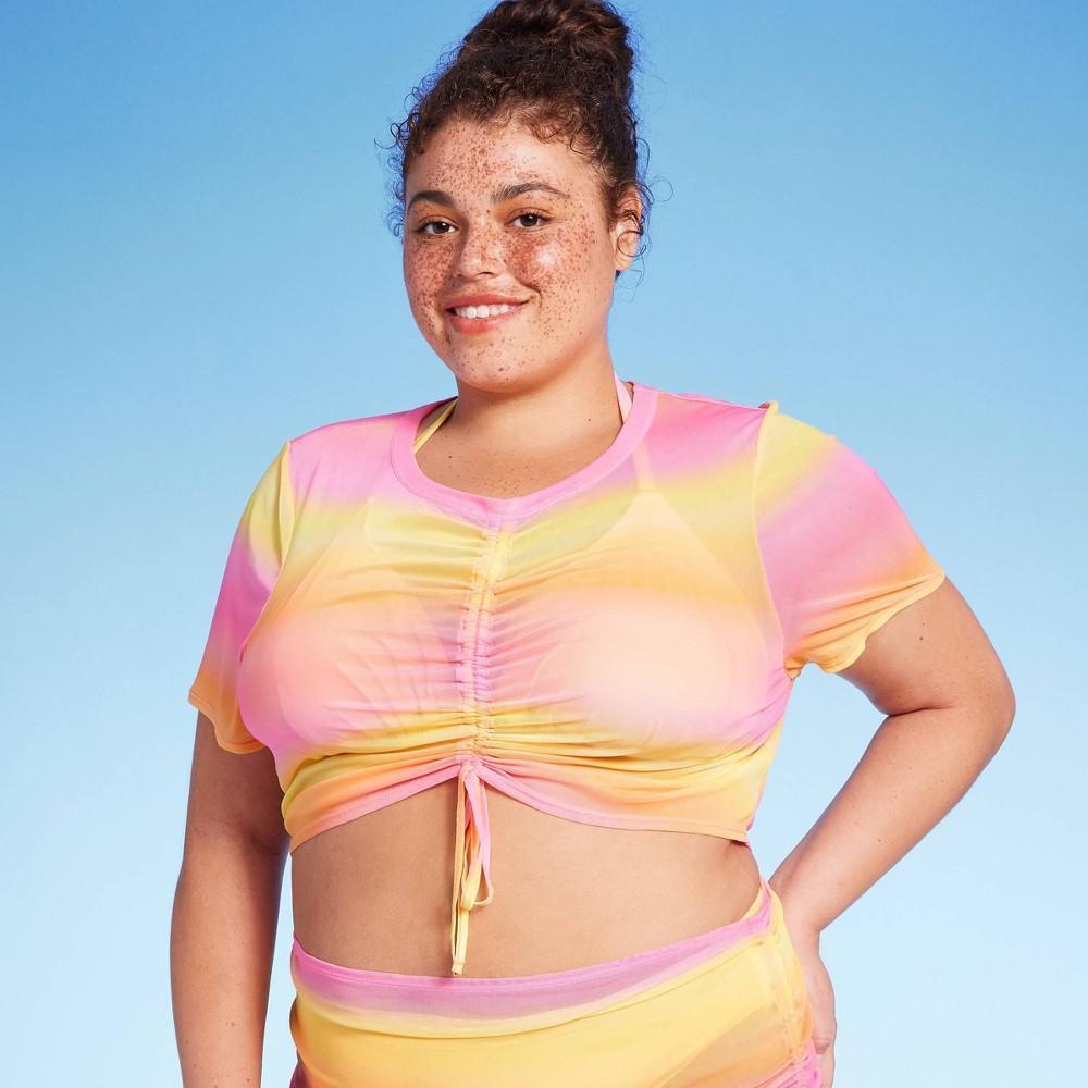 Womens Mesh Drawstring Ruched Cover Up Top - Wild Fable /Yellow Ombre Print X Product Image