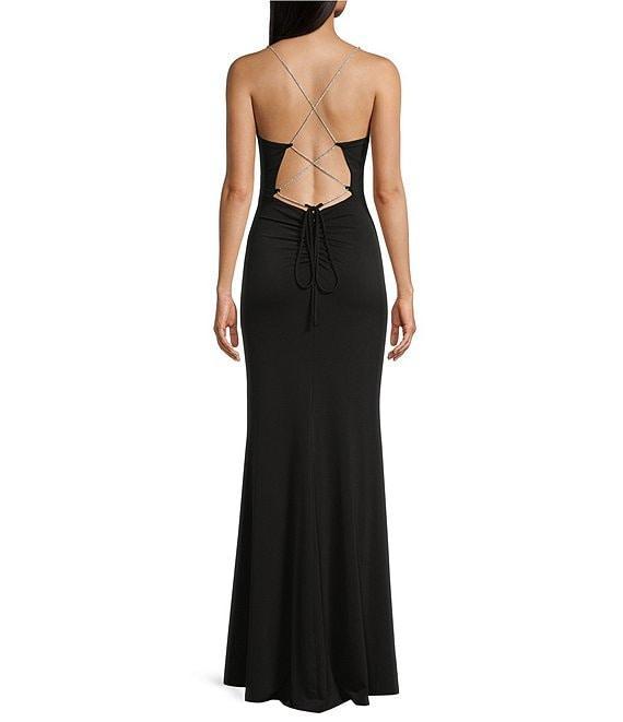 Midnight Doll V-Neck Rhinestone Spaghetti Strap Side Slit Lace Up Back Dress Product Image