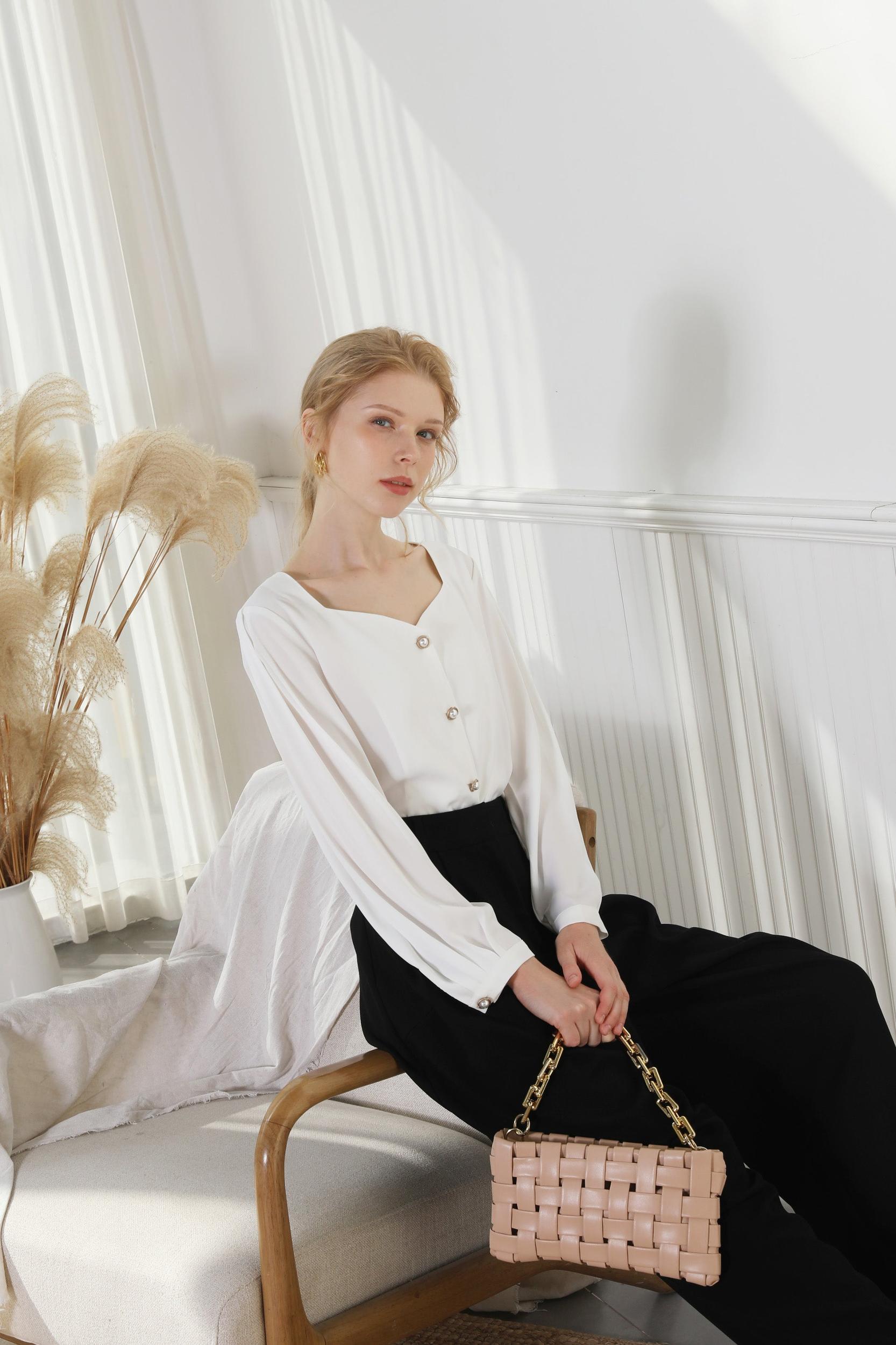 Feminine Blouse White With Pearl Detail Product Image