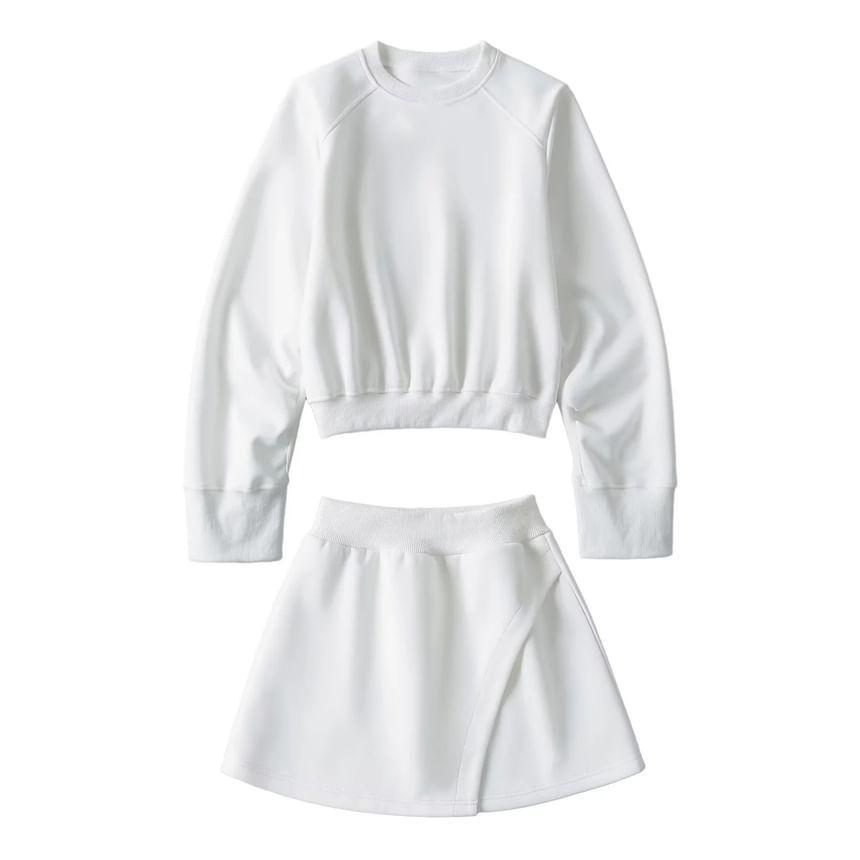 Crew Neck Plain Sweatshirt / Elastic Waist Panel Mini A-Line Skirt Product Image